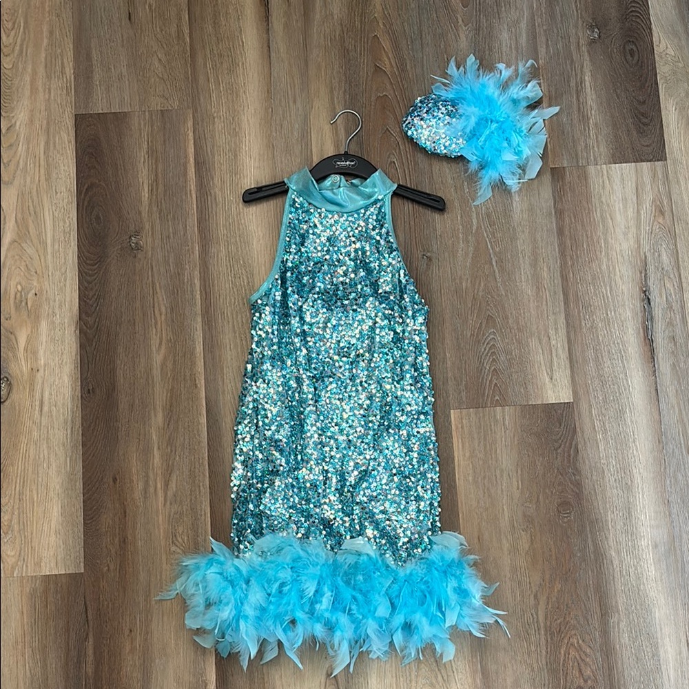 Weissman Turquoise Sequin Kids Dance Costume with Feather Accents